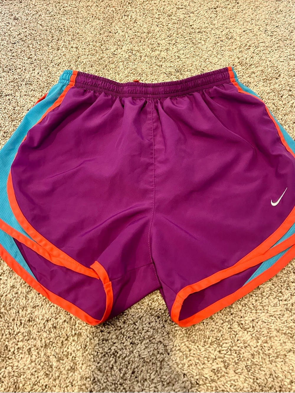 Nike Women's Purple Athletic Shorts with Orange Trim and Teal Panels